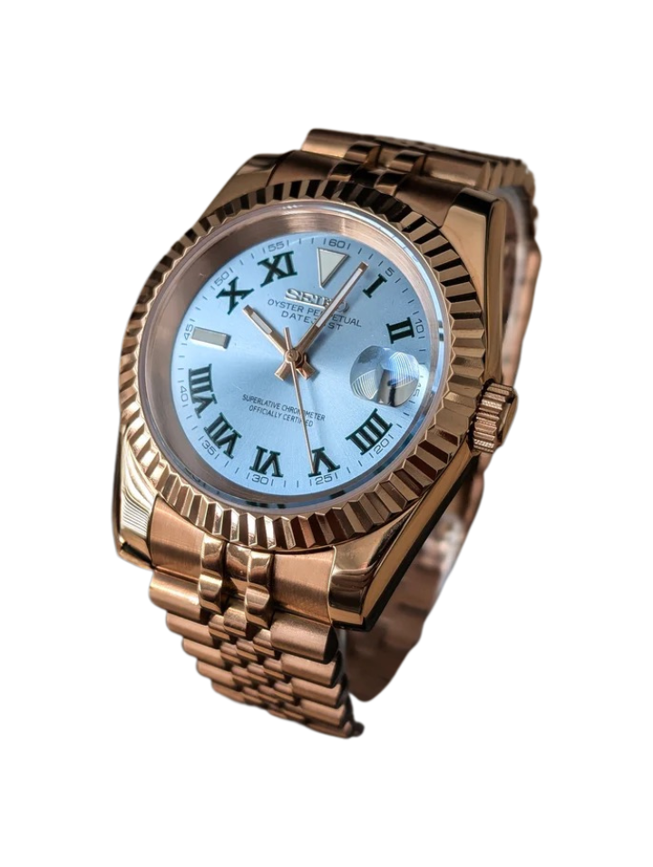 Date J Fluted - Wimbledon Ice Blue with Rose Gold
