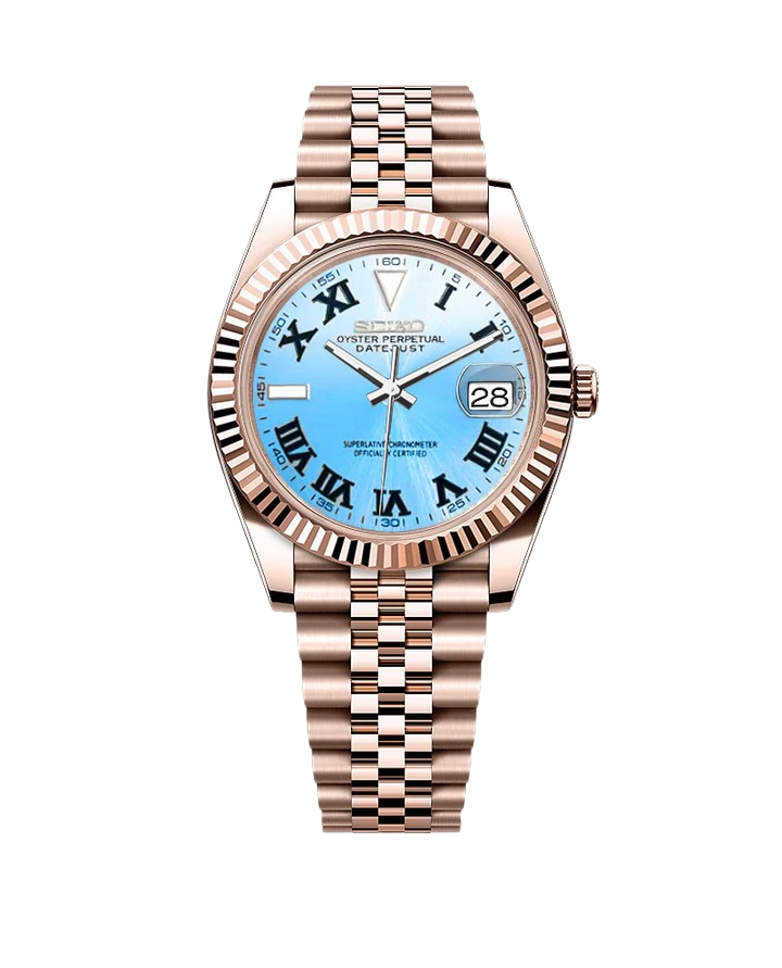 Date J Fluted - Wimbledon Ice Blue with Rose Gold