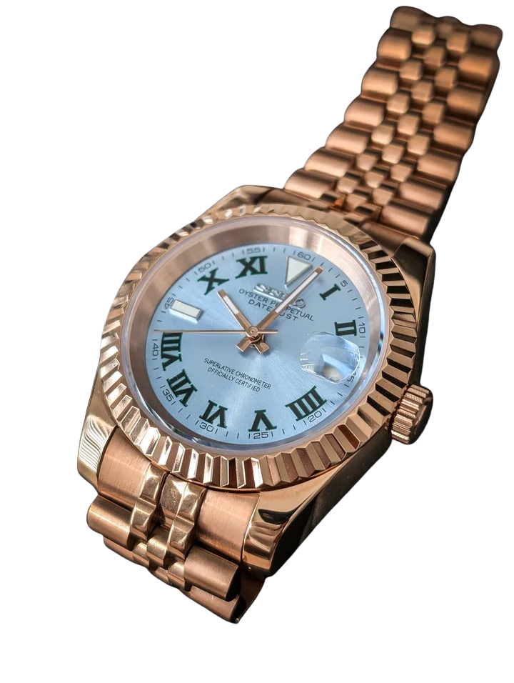 Date J Fluted - Wimbledon Ice Blue with Rose Gold