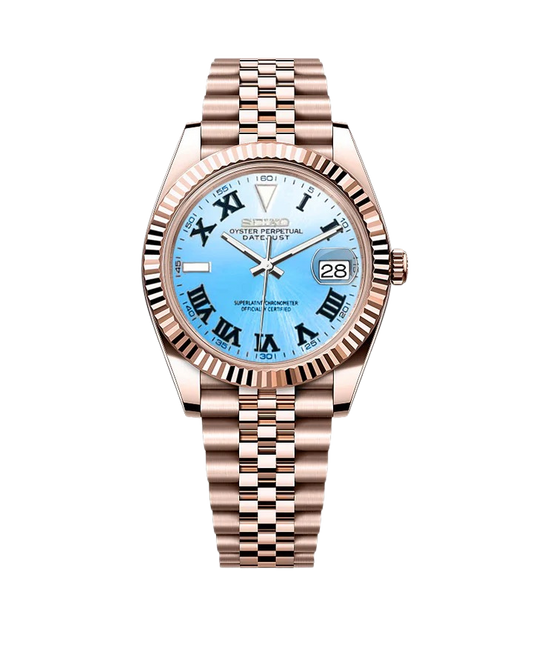 Date J Fluted - Wimbledon Ice Blue with Rose Gold